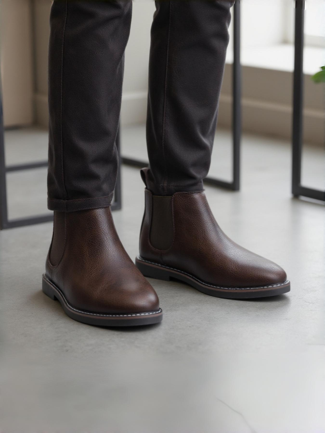 PU Leather Chelsea Boots, Vintage Simple Style, Stitched Elastic Fabric, Thick Rubber Sole Support, Natural Texture, Urban Youth Casual Walking Shoes