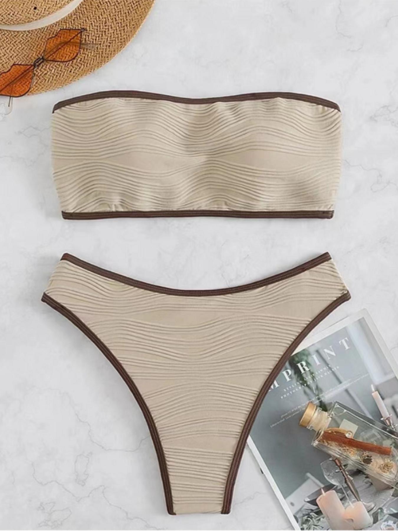 Two-Piece Set Women's Summer Textured Contrast Binding Bikinis Sets, Casual Sleeveless Padded Bandeau Swim Top & High Cut Swim Bottom Swimsuit for Women, Bathing Suits Women