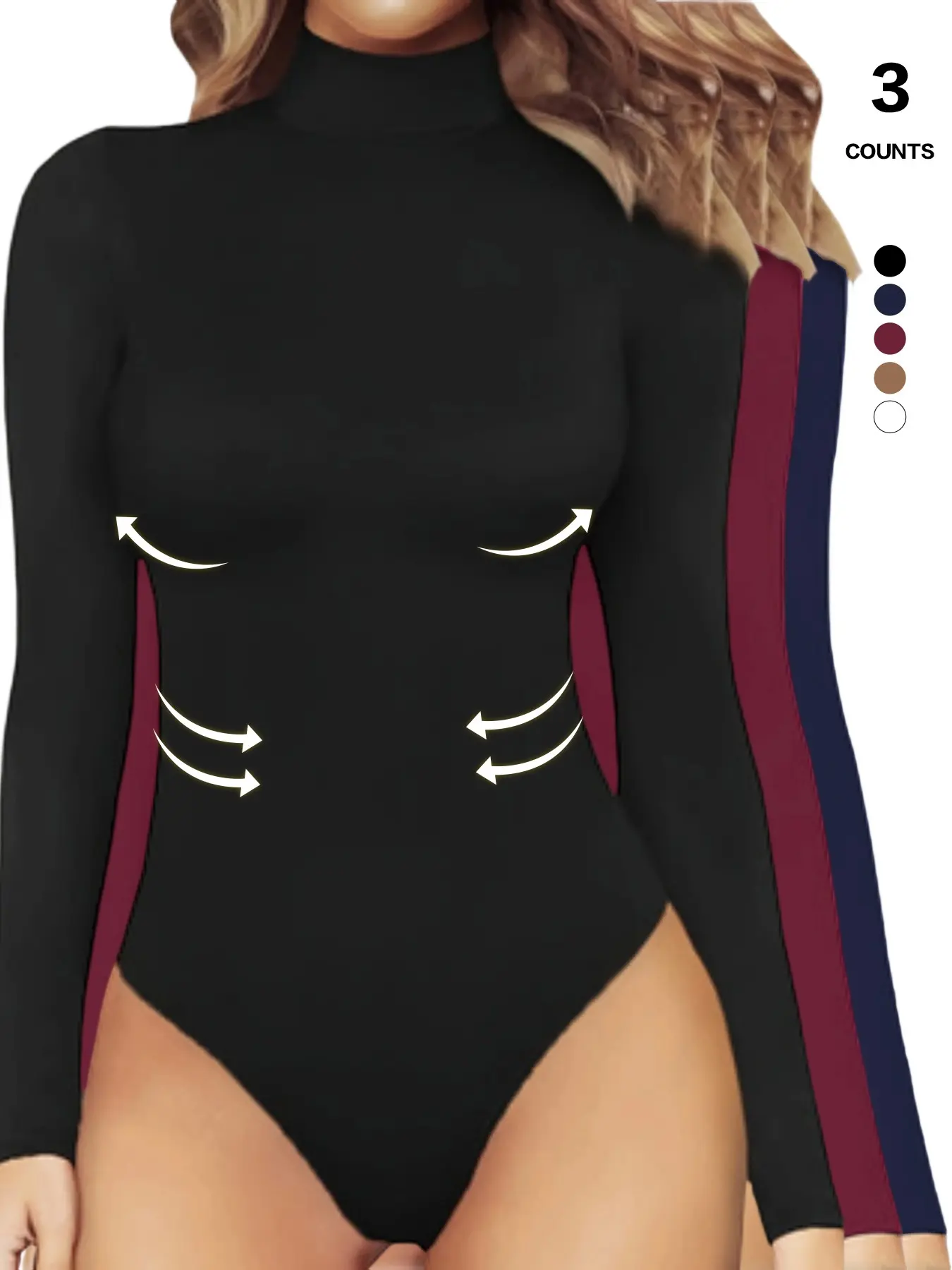 Women's High Neck Turtleneck Long Sleeve Body Shaper Bodysuit, Tummy Control Slimming Seamless Stretch Jumpsuit, Casual Y-Type Romper