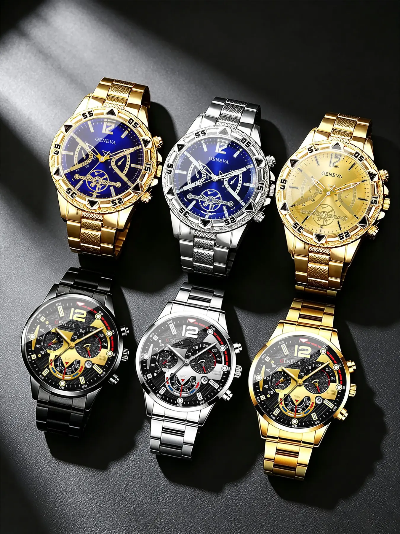 6pcs Men's Business Steel Band Watch Set, Analog-Digital, Silver Color, Quartz Movement, Casual Style, Perfect Gift for Him