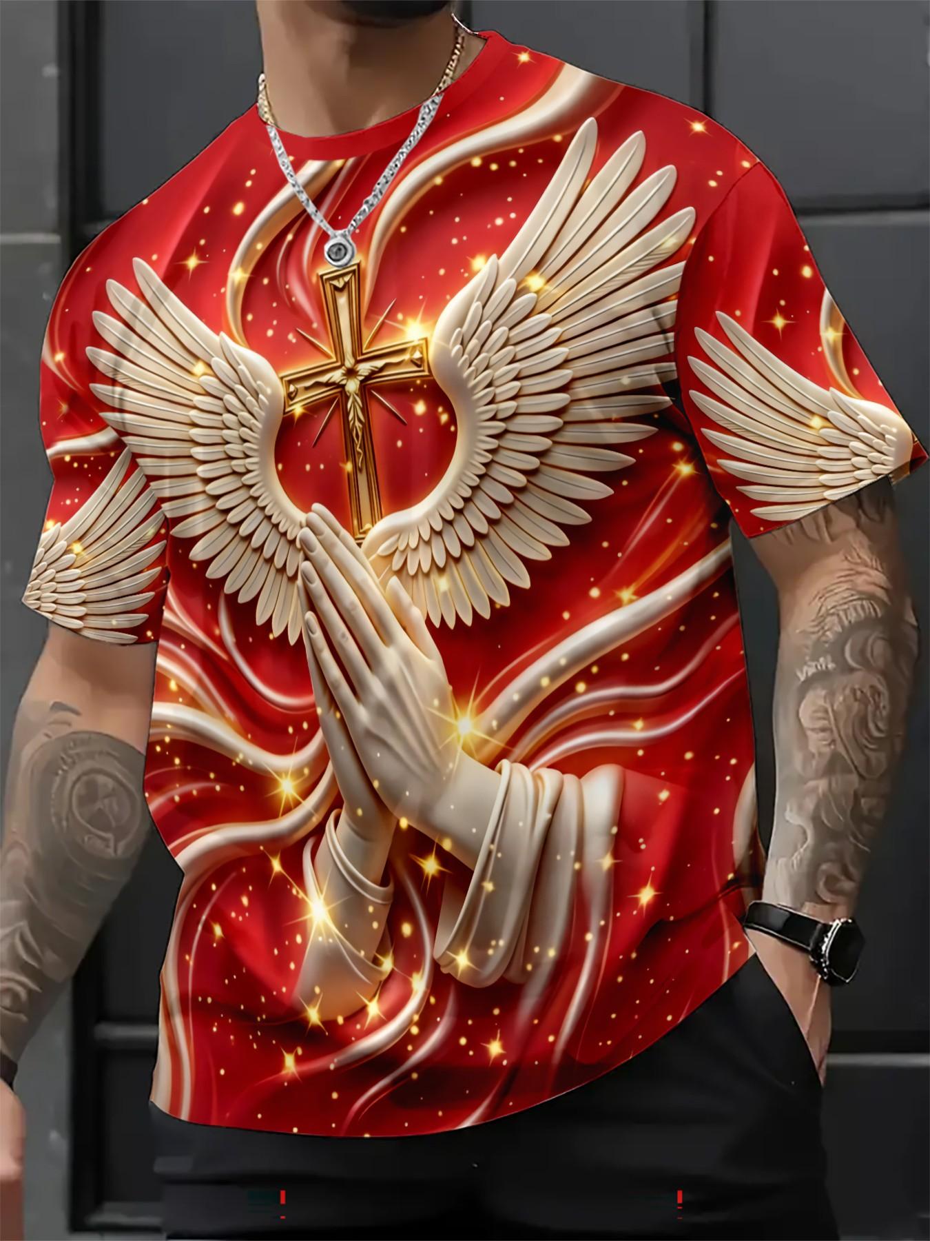 New Religious Prayer Hand Angel Wings Cross Print Men's Round Neck 3D High-Definition Short Sleeve, Sporty Slim-Fit Summer T-Shirt New Religious Prayer Hand Angel Wings Cross Print Men's Round Neck 3D High-Definition Short Sleeve, Sporty Slim-Fit Summer T-Shirt