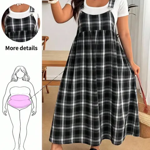 Women’s Plus-Size Plaid Pinafore Maxi Dress with Adjustable Straps, Sleeveless Casual Dress for Spring & Fall
