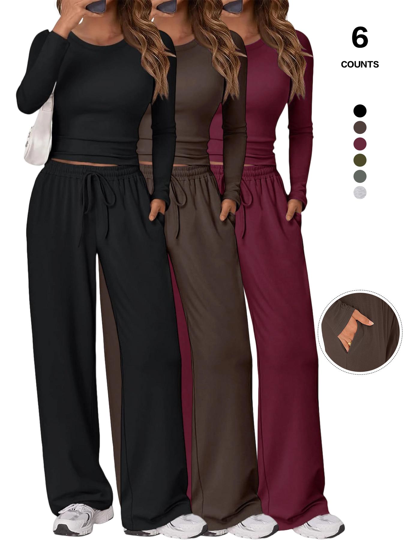 2026 Women's Two-Piece Loungewear Set, Soft Long-Sleeved Round-Neck Crop Top, Drawstring High-Waisted Wide-Leg Pants with Pockets