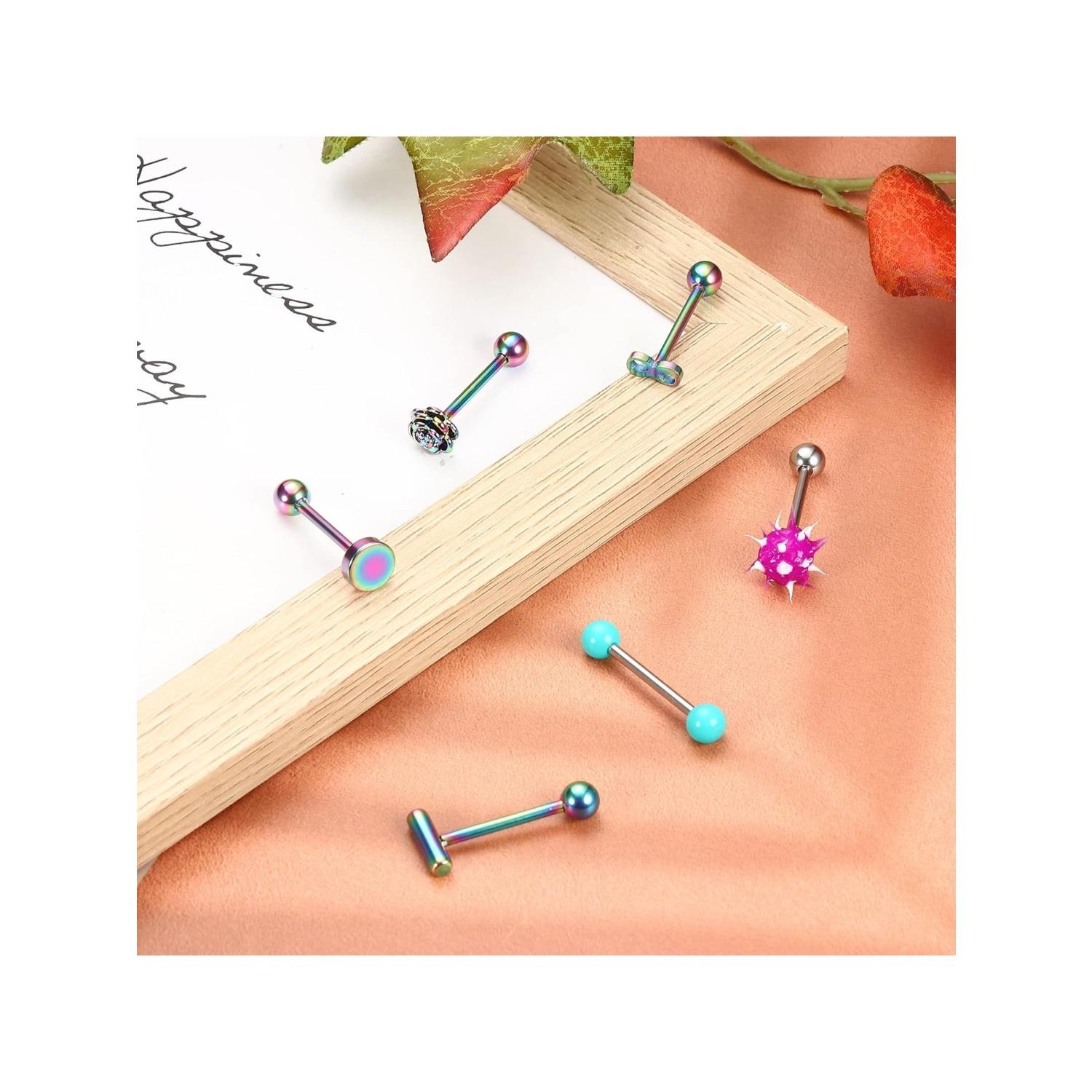 20Pcs 14G Tongue Rings for Women Men 316L Stainless Steel Skull Heart Tongue Piercing Jewelry