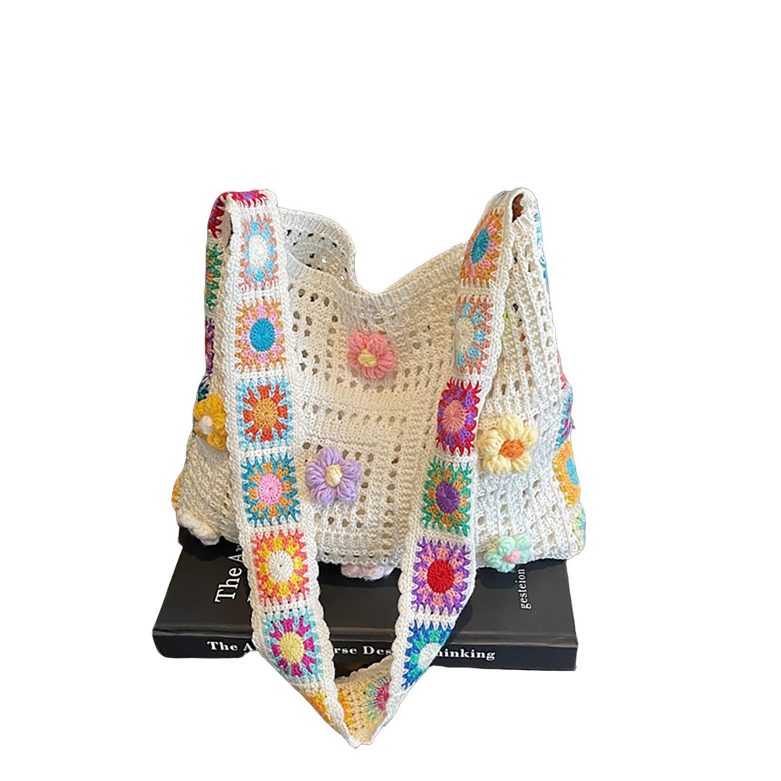 Handmade Crochet Hollow Flower Tote Bag, 5 Colors Available, Summer Fresh Weave Shoulder Bag, Beach Vacation Casual Large Capacity Crossbody Bag