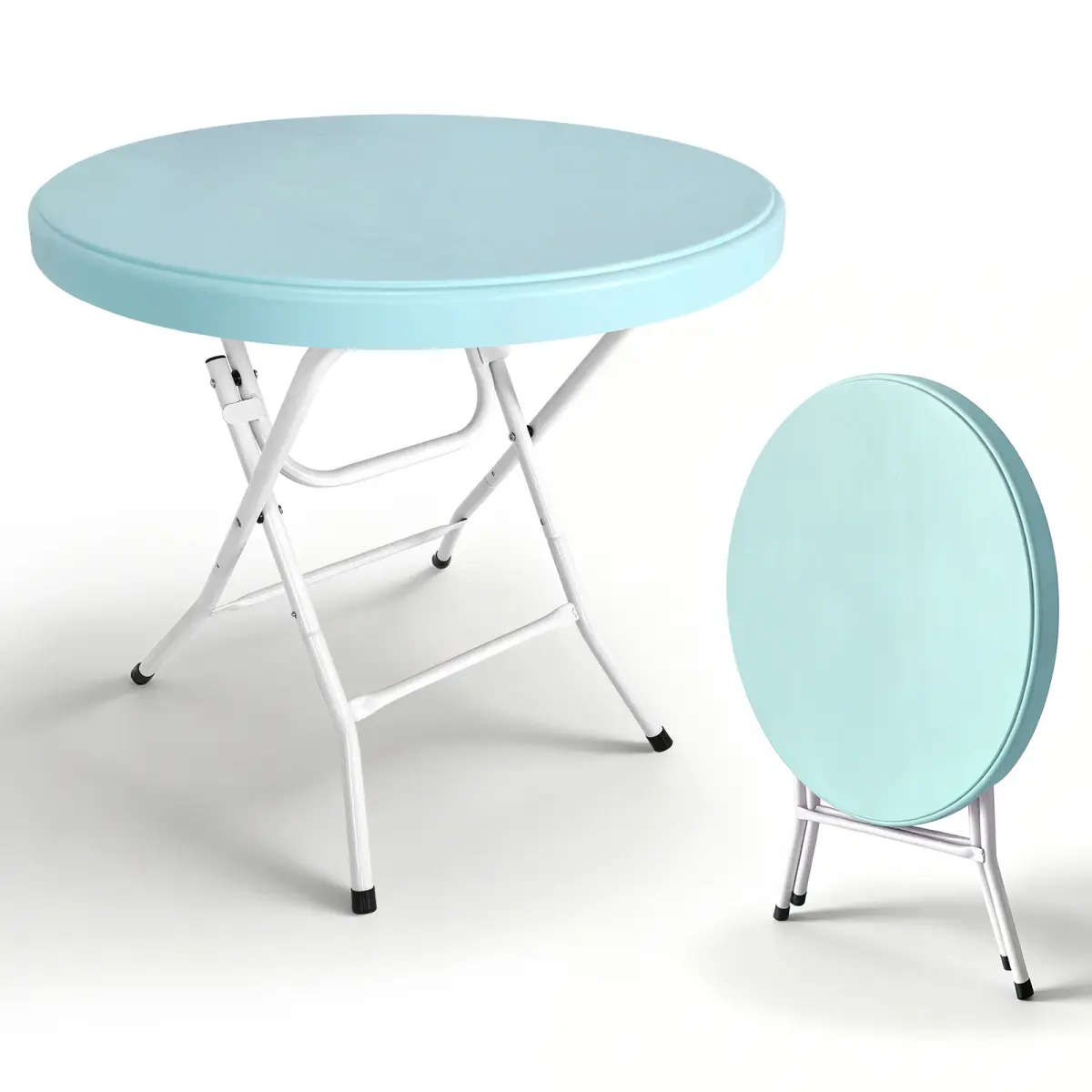 Blue 31.5*31.5*30 Inch Round Folding Cocktail Bistro Table, HDPE Tabletop Iron Legs 300‑Lbs Static Capacity Tool‑Free Assembly High‑Top Folding Table for Wedding Party Cafe Backyard Indoor‑Outdoor Events