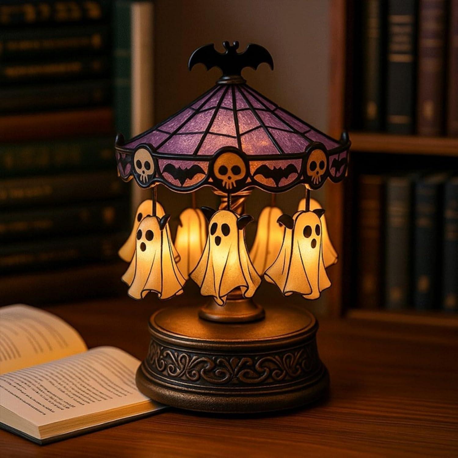 Cute Halloween Ghost Carousel Night Light, Antique Stained Glass, Vintage Carousel Decor, Indoor Home Party Kitchen Table