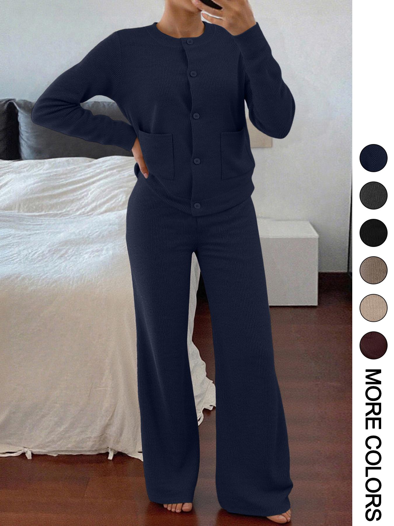 Women's Two-Piece Set, Clothes Set, Womenswear Comfortable Casual Fitted Round Neck Long Sleeve Knitted Sweater Set with Pockets, High Waist Versatile Wide Leg Pants, Perfect for Daily Wear
