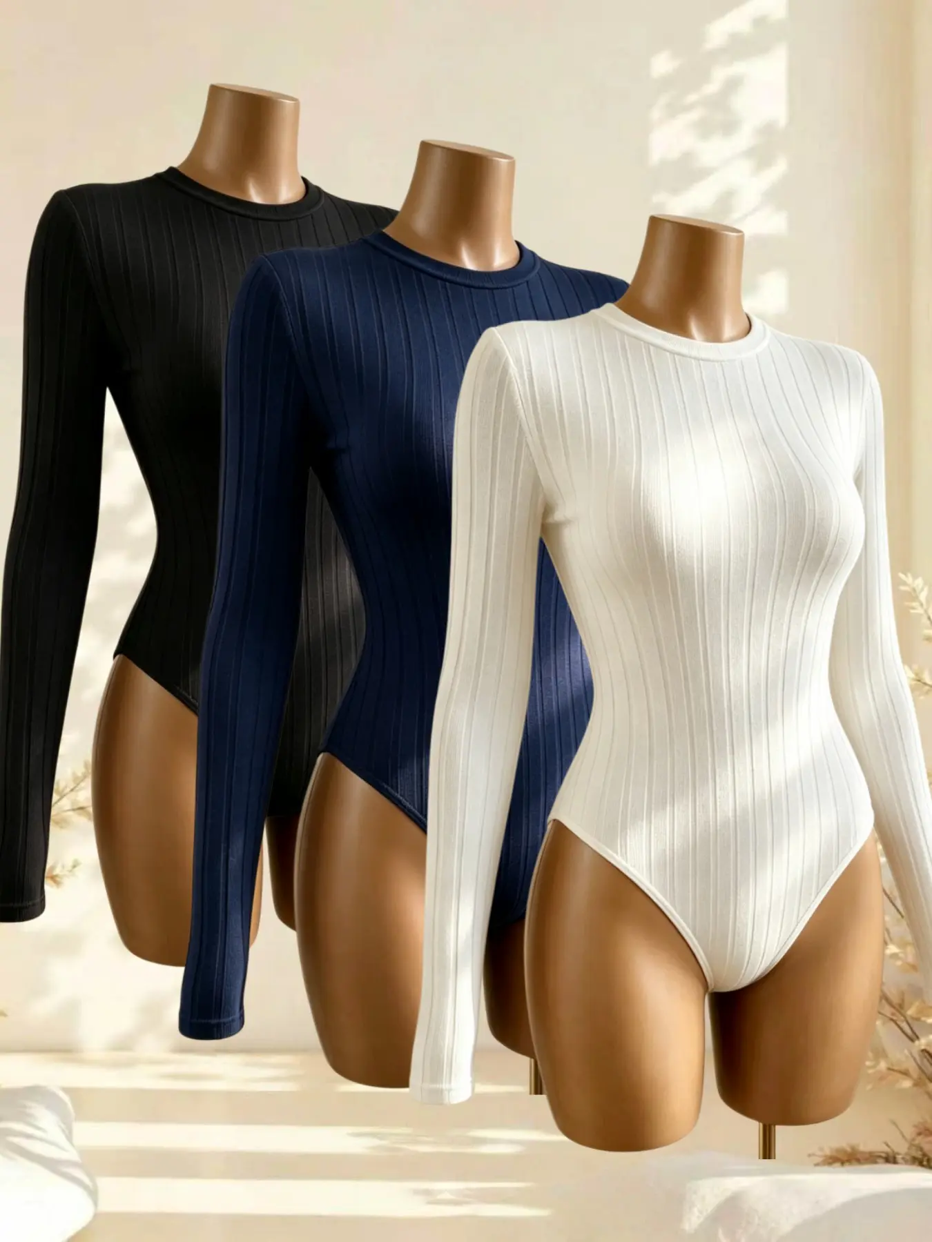 Fashion Fall Winter Plain Color Basic Casual Women's Top Romper Set, Bodysuits, Slim-Fitting Three-Piece, Versatile and Stylish