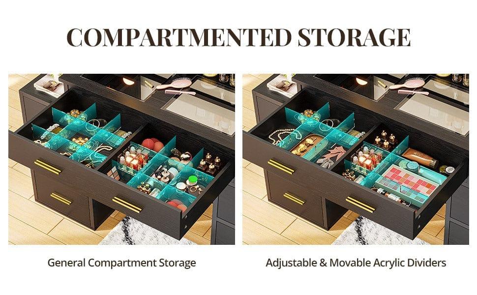 Sikaic Glass Top Makeup Vanity with Mirror and LED Lights, 10x Magnifying Mirror & Power Outlet, big Vanity Desk with 8 Drawers & 6 Shelves, 3 Light Settings Sikaic Glass Top Makeup Vanity with Mirror and LED Lights, 10x Magnifying Mirror & Power Outlet, big Vanity Desk with 8 Drawers & 6 Shelves, 3 Light Settings