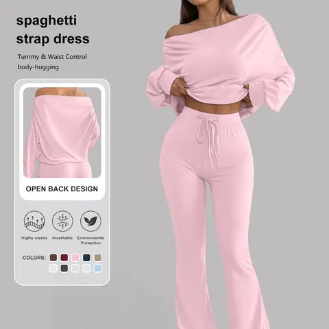 【Biack Friday】2-Piece Sporty Suit, Long Sleeve Off-Shoulder Top & High Waist Drawstring Pants, Yoga Fitness, Casual Style, Spring Summer Fall Winter