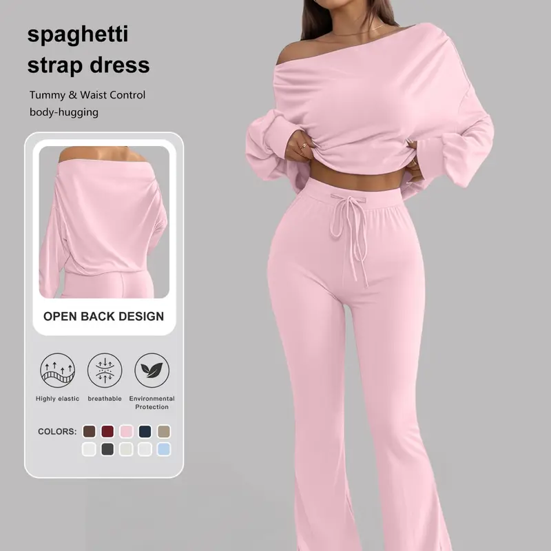 【Biack Friday】2-Piece Sporty Suit, Long Sleeve Off-Shoulder Top & High Waist Drawstring Pants, Yoga Fitness, Casual Style, Spring Summer Fall Winter