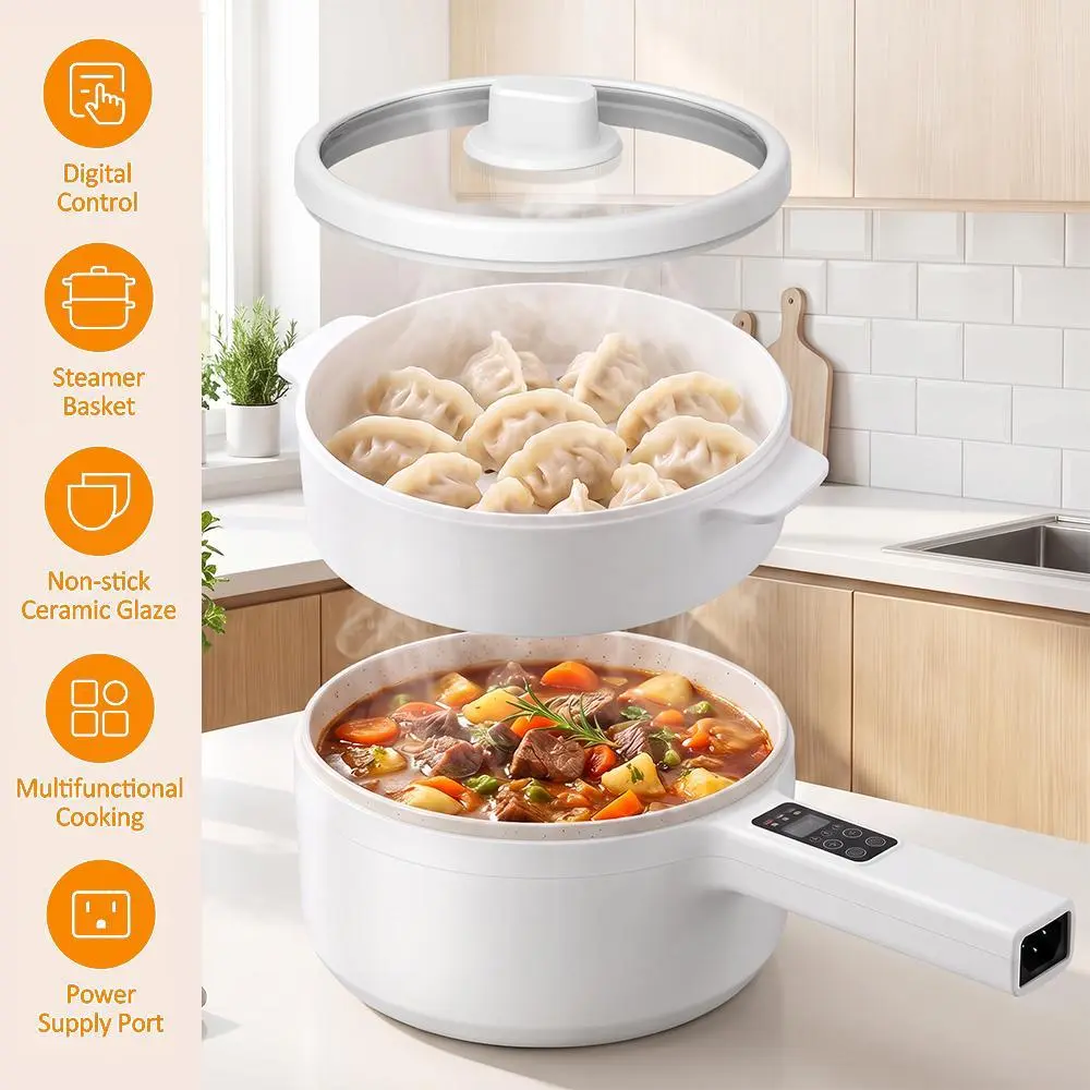 【Fall Deals】White Modern 2L Non-Stick Ceramic Coating Electric Hot Pot with Steamer Basket, 300W-600W Dual Power Digital Control, Timer, Removable Power Cord, for Home Cooking, Ramen,techvibes