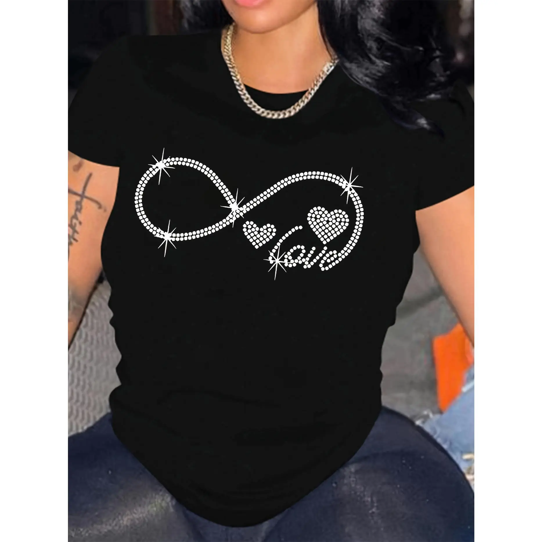 Women's Cute Lightweight Traditional Pure Cotton Sports Tee - Smooth Short-Sleeve Crewneck, Romantic Infinity Love Heart Faux Rhinestone Print, Party & Daily Wear Regular-Fit Top, Flat