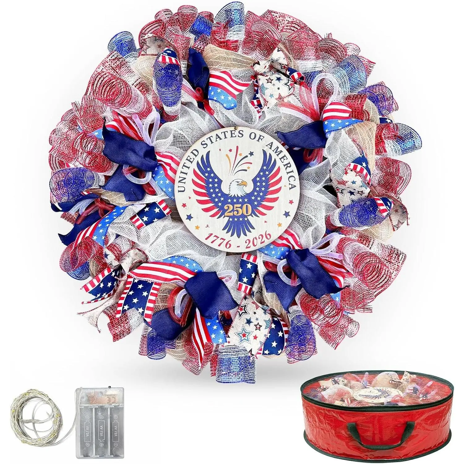 250th Anniversary Patriotic Wreaths for Front Door, 24 Inch Large 4th of July Wreath with Removable 1776-2026 Eagle Door Sign, Handcrafted Memorial Day Decorations with Light &Storage Bag