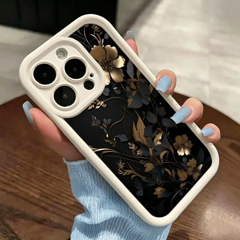 TPU IPhone Case for iPhone 15 14 Plus 17 16 Pro Max 14 13 12 11 XS  Black And Gold Flowers Pattern Drop Protection Shockproof Soft Silicone Smartphone Cover iPhone case