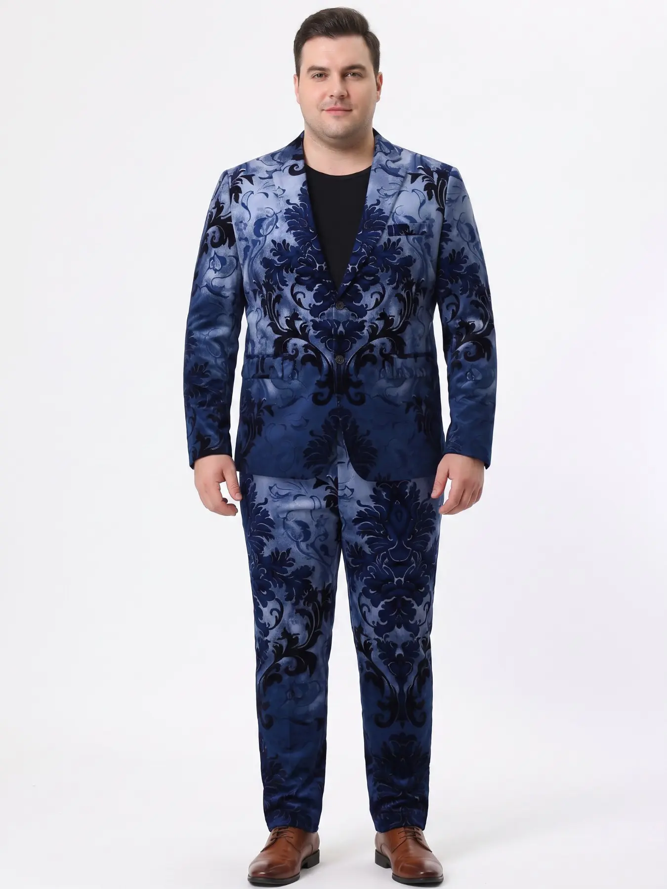 Plus-Size Men's Dark Blue European-Style Floral Print Suit Set, Men's Stage Party Unique Formal Two-Piece Outfit