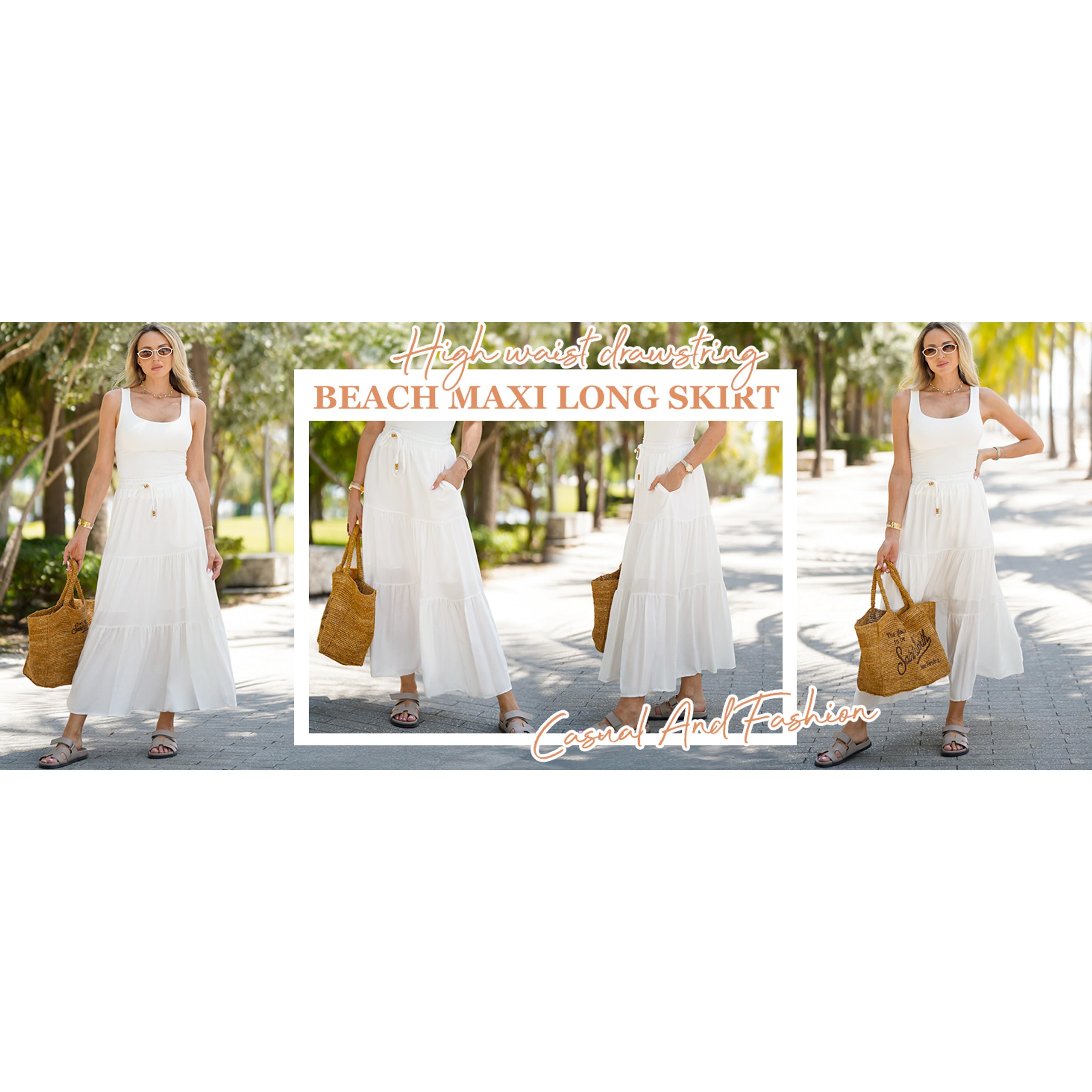 Women's Summer Boho Maxi Skirt A-Line Flowy Ruffle Tiered Elastic High Waist Beach Long Skirts with PocketsGift