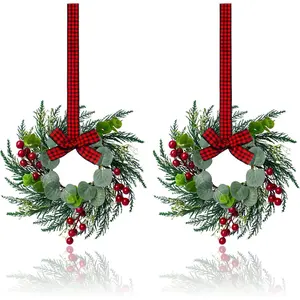 2Pcs Christmas Wreath, 10 Inch Mini Wreaths for Kitchen Cabinets, Christmas Door Wreath, Small Christmas Wreath for Fireplace Window Farmhouse Indoor Home Decorations