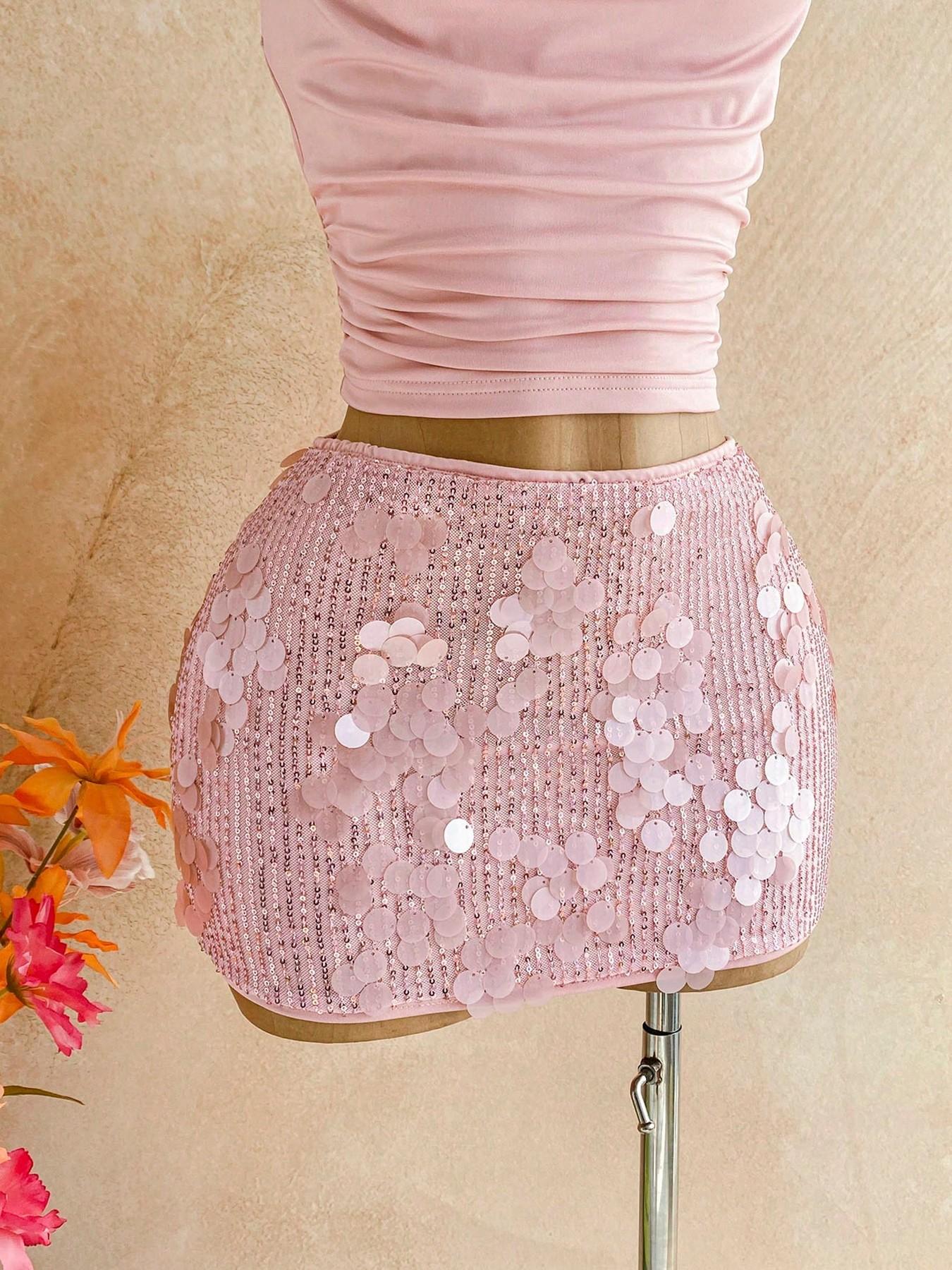 Elegant Party Set, Halter Neck Top & Sequin Rhinestone Mini Skirt, 2-Piece Ensemble for Special Occasions