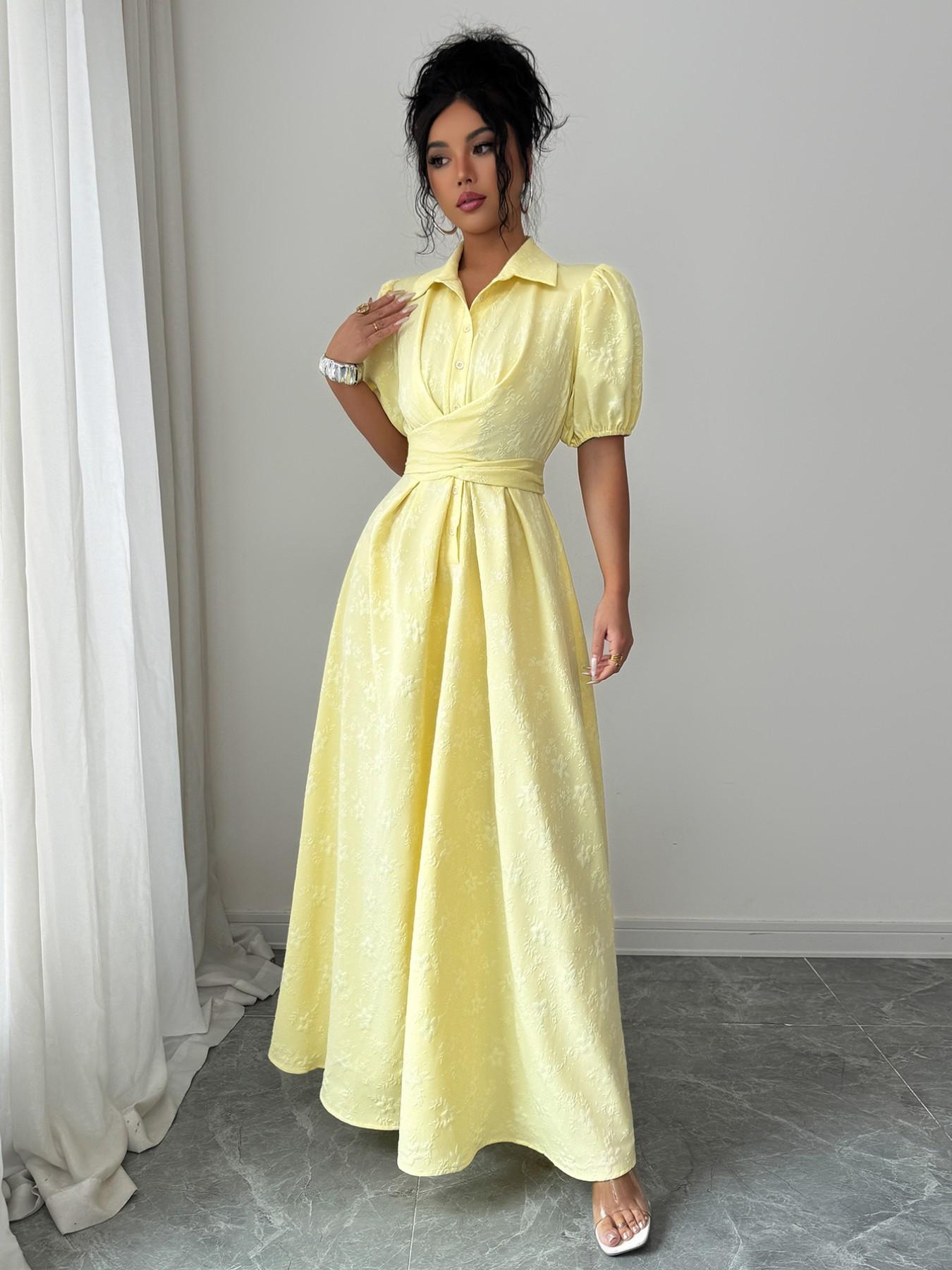 Elegant Pure Color Shirt Collar Bubble Sleeve Cross Tie Waist Fitted Dress, Soft Texture Women's Fashion Gown, Perfect for Casual & Formal Occasions