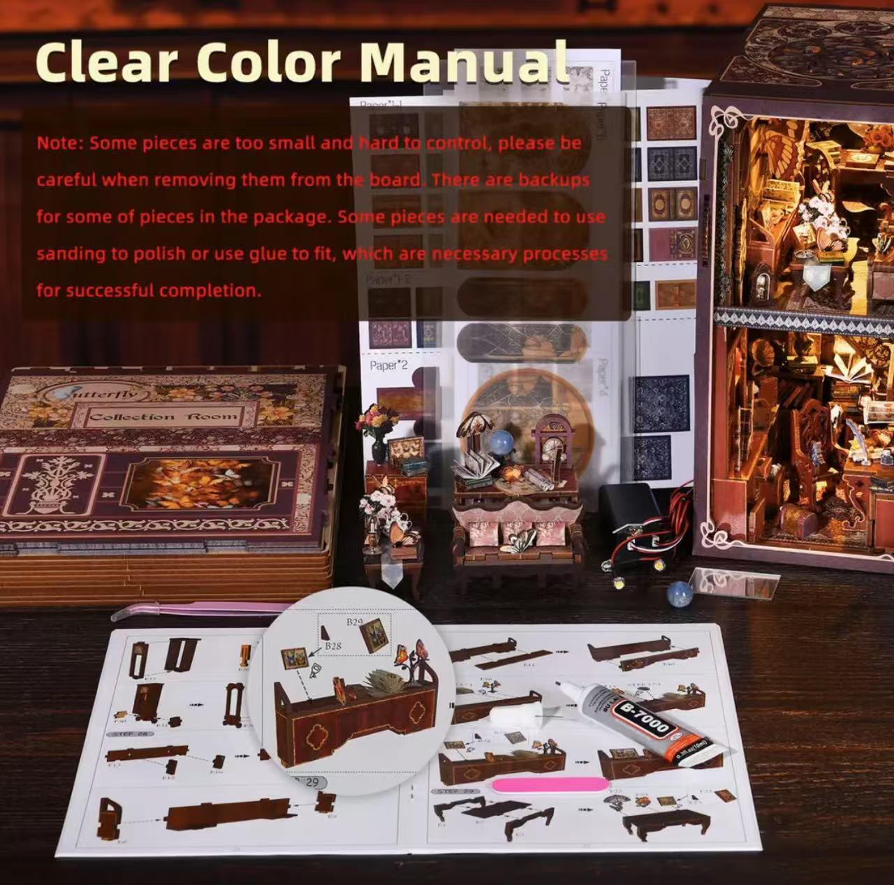 DIY Book Nook Kit 3D Wooden Puzzle Miniature Toy House Book Corner Kit Bookshelf Block Bookshelf Insert Decoration With LED Lights and Glue Suitable for Adults and Teens (Butterfly Collection Room)