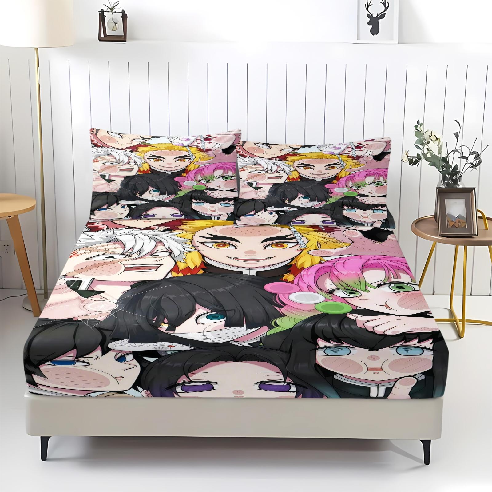 3-Piece Demon Slayer Bedding Set, Comfortable Printed Design, Includes 1 Fitted Sheet & 2 Pillowcases, Non-Slip, Perfect Gift, Bed Sheets
