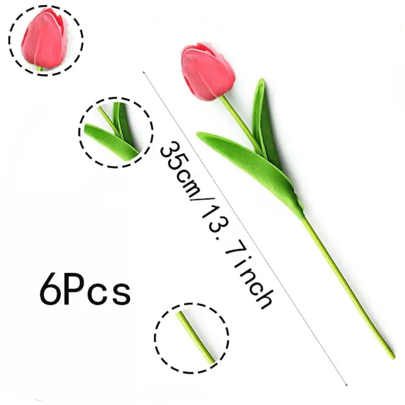 6pcs Deep Artificial Tulips, 13.2 Inch Bendable Metal Stem Fake Tulips, Realistic Faux Flowers, Home Wedding Party Decor, Table Vase Decoration