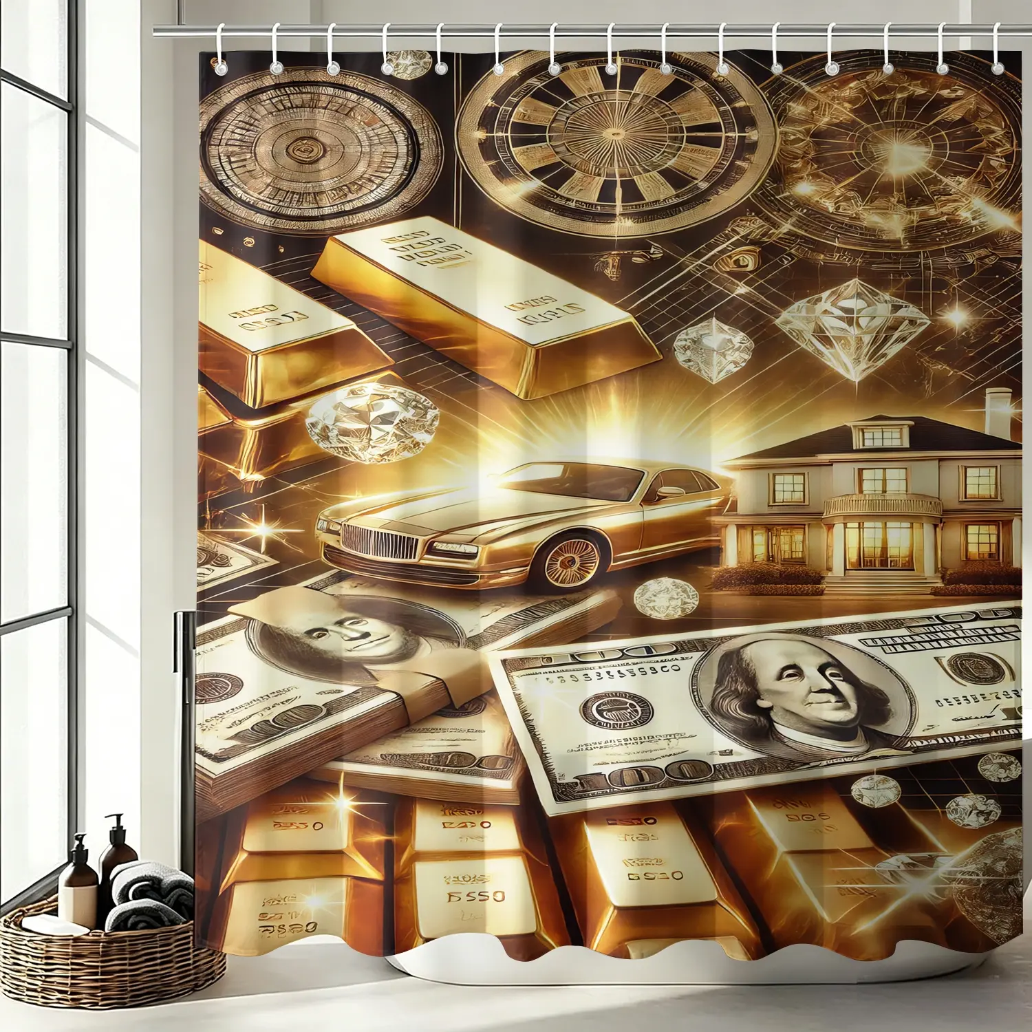 Wealth Dream Theme Shower Curtain, Waterproof Fabric, Free Install Hooks Included, Money Aesthetic Bathroom Decor, Machine Washable Shower Curtain