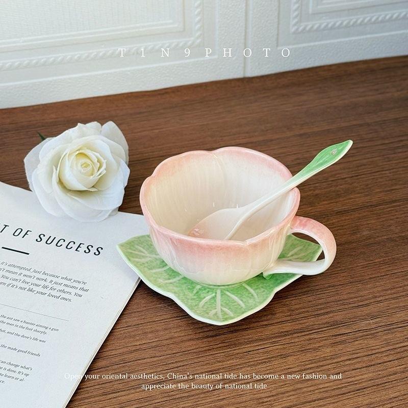 Gift for Her 💗 Floral Embossed Ceramic Cup with Saucer  Vintage Coffee Mug therapeutic cup for Cappuccino   Latte Art Coffee Cup Pink and Blue Flower Cup 🌸  Aesthetic