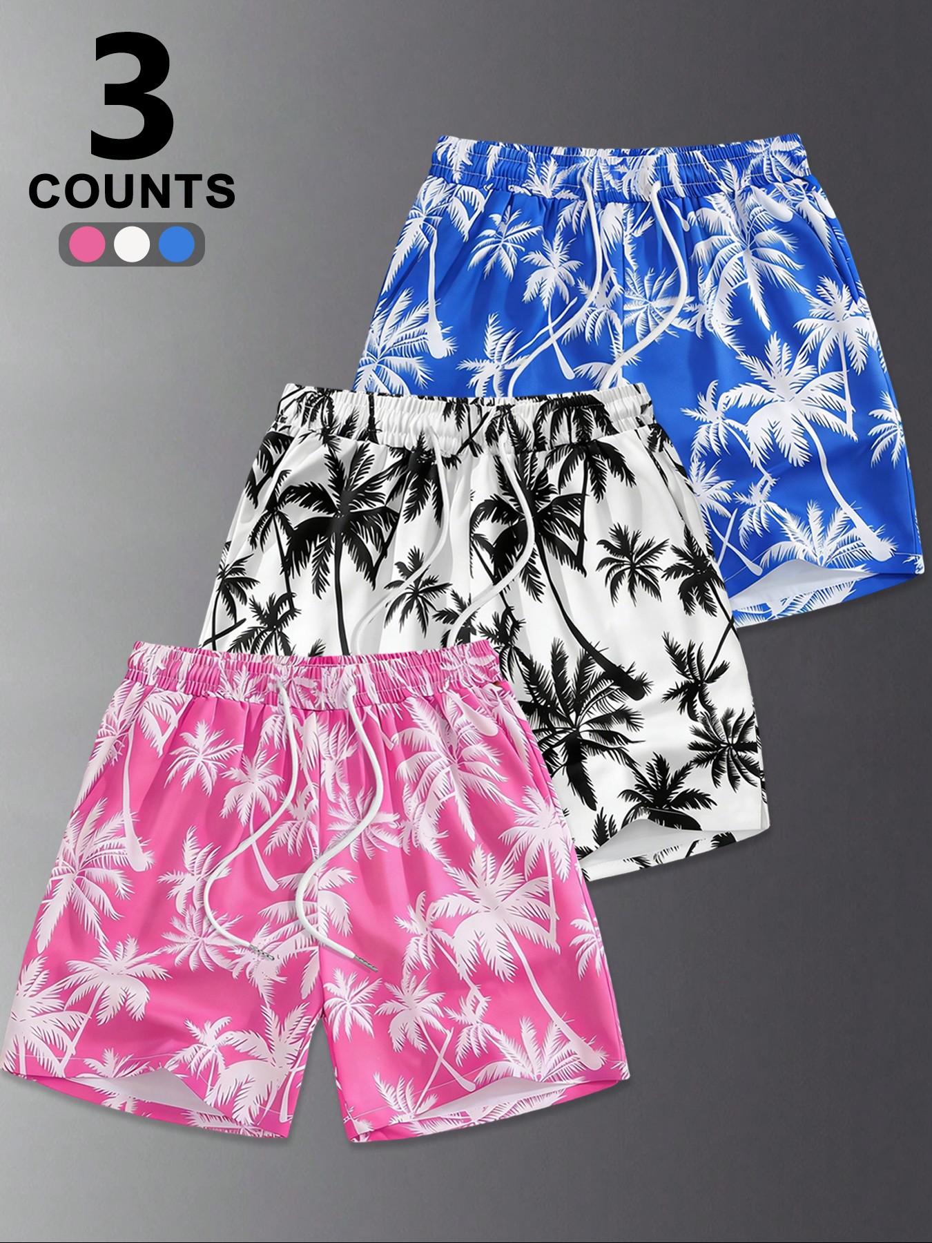 Men's Random Palm Tree Print Boxer Brief Swim Shorts, Regular Fit Casual Comfy Breathable Swim Shorts for Summer, Men's Swimwear for Beach Vacation