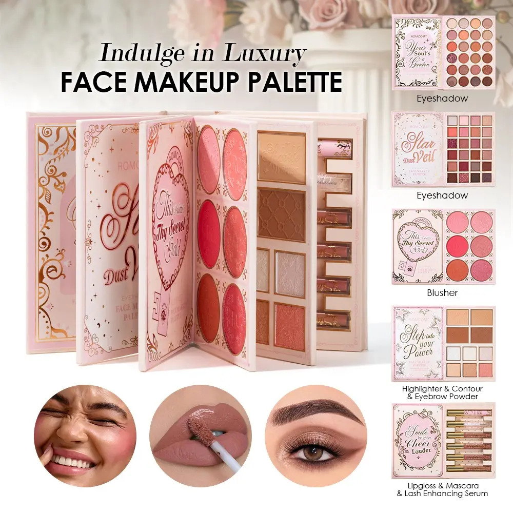 Romcom 5-Layer Makeup Palette, Full Face Cosmetic Kit, Eyeshadow Blush Highlighter, Matte Shimmer Pigmented Makeup, Halloween Party Looks