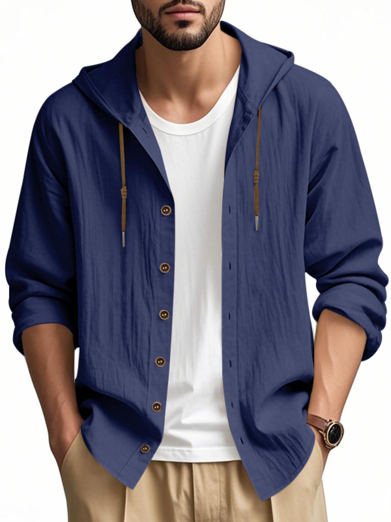 Hooded Linen Long Sleeve Shirt Jacket, Hawaiian Style Casual Loose Fit, Drawstring & Button Design, Spring & Fall Fashion, Beach Vacation Essential