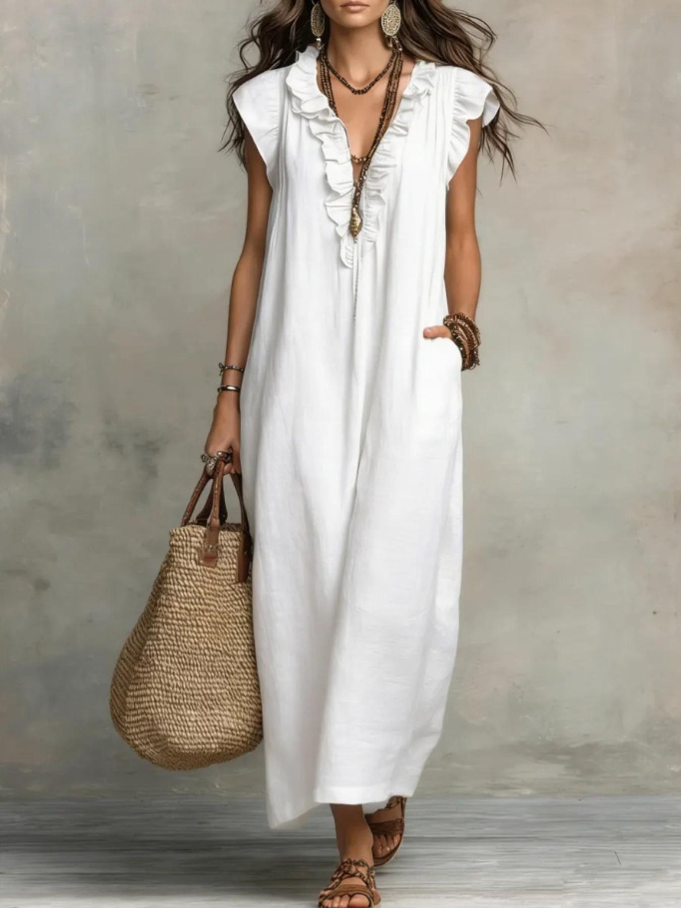 2026 Summer New Bohemian Long Dress, V Neck Ruffle Holiday Long Dress, Stylish and Comfortable, Perfect for Warm Weather