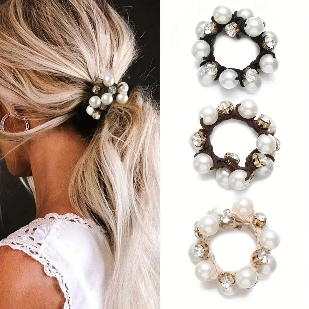 3Pcs Pearl Brimmed Hair Tie Glitter Rhinestone Decor Hair Rope Retro Style Scrunchies for Women