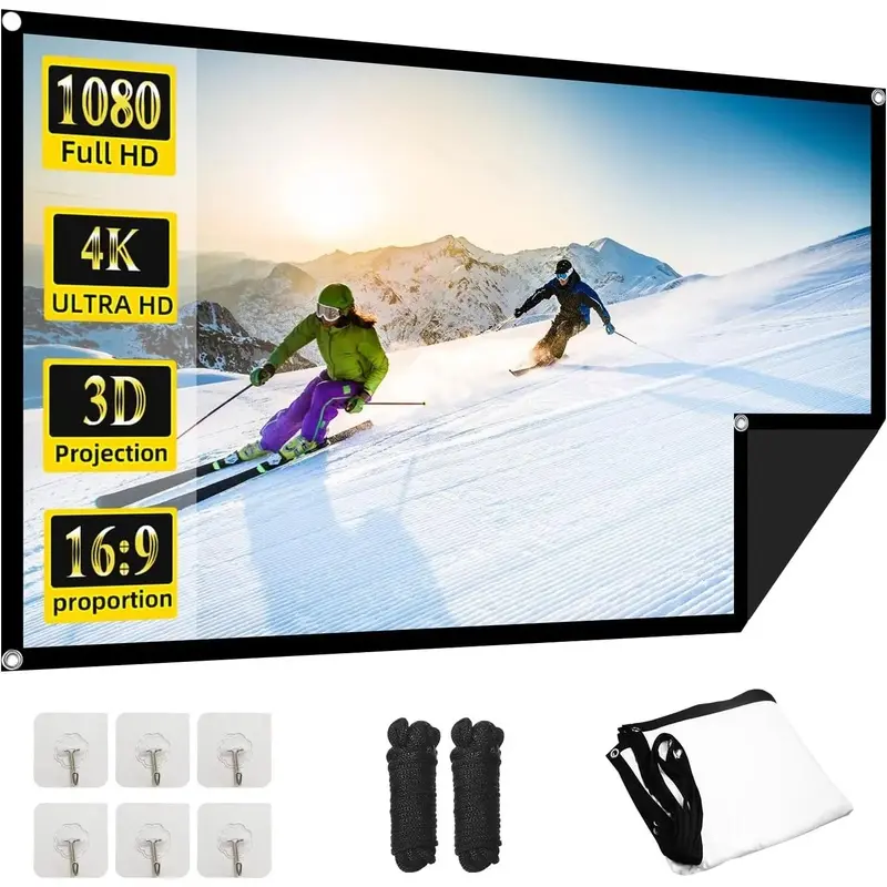 60 Inch Projector Screen,  4K 16:9 HD Portable Projection Movie Screen, Anti-Crease Indoor Outdoor, Simple Install, Easy Carrying Projection Screen for Home Theater Backyard