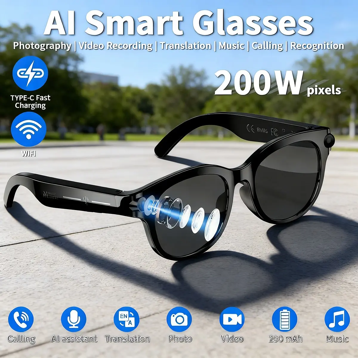 Smart Glasses 2 Megapixel Camera AI Voice Real Time Translation Type-C Vocie Calls Listening to Music Intelligent Sunglasses