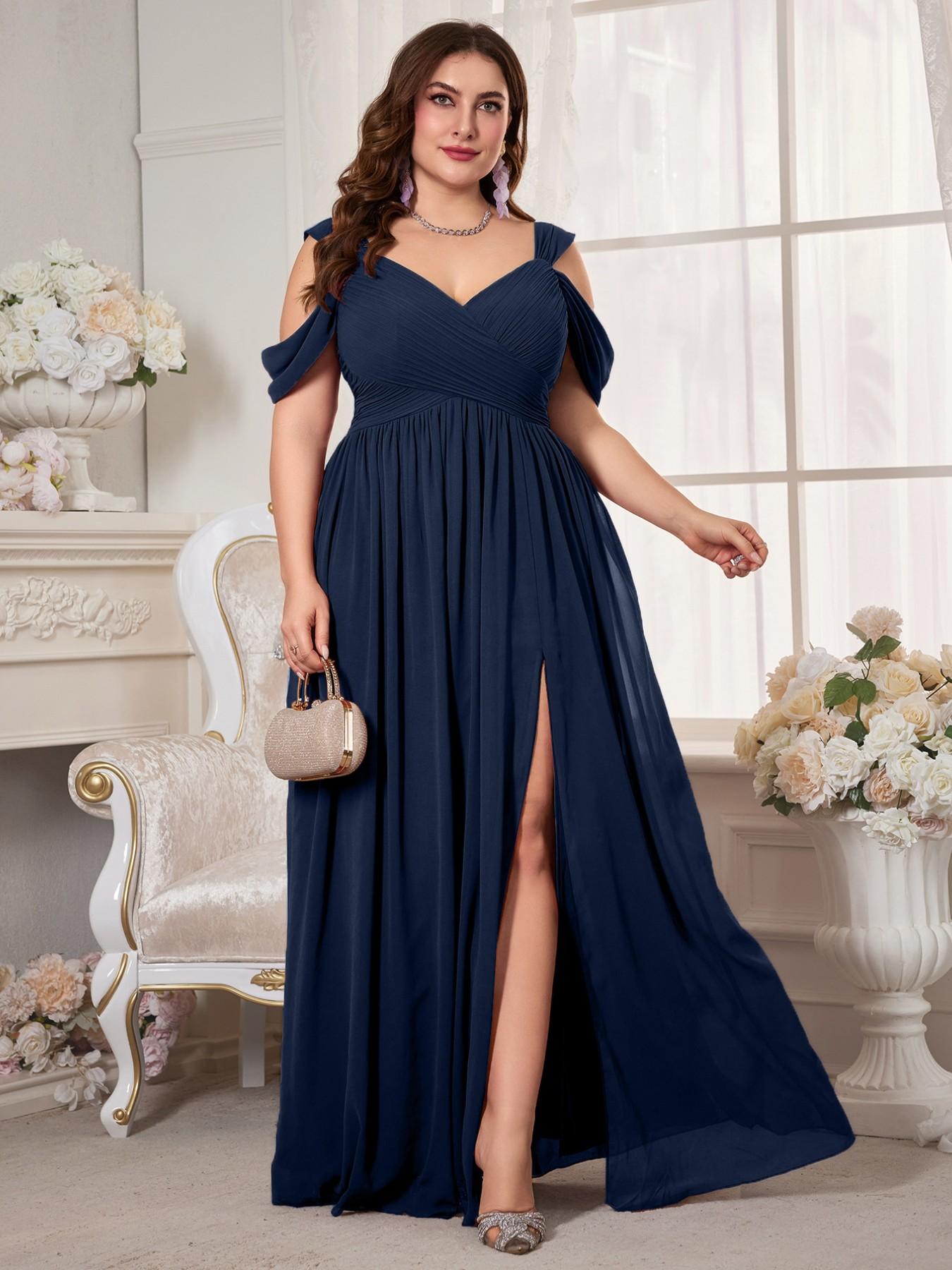 Plus Size Women's V-Neck Backless Waist Cinch Pleated High Split Skirt Maxi Dress, Elegant Chic Lightweight Chiffon Bridesmaid Party Formal Evening Gown, Pleated Dresses