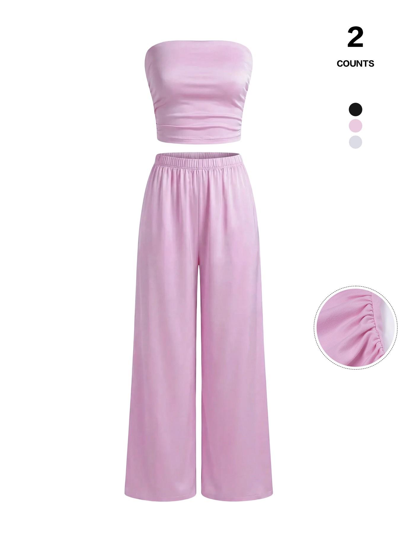 Elegant Two-Piece, Strapless Top & Wide-Leg Trousers, Lightweight & Breathable, Perfect for Spring & Summer Wear