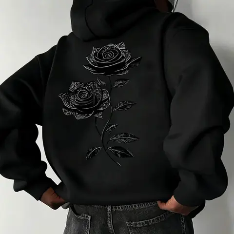 Slim‑Fit Pullover Hoodie, Large Black Rose Floral Graphic Printed On Back, Long‑Sleeve Casual Sweatshirt, Trendy Y2K Streetwear Daily Hooded Top, Perfect Hoodie#RoseHoodie #BackPrintHoodie #Y2KStreetwear #SlimFitHoodie #FloralGraphic #Streetwe