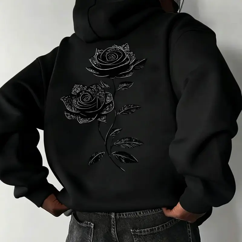 Slim‑Fit Pullover Hoodie, Large Black Rose Floral Graphic Printed On Back, Long‑Sleeve Casual Sweatshirt, Trendy Y2K Streetwear Daily Hooded Top, Perfect Hoodie#RoseHoodie #BackPrintHoodie #Y2KStreetwear #SlimFitHoodie #FloralGraphic #Streetwe
