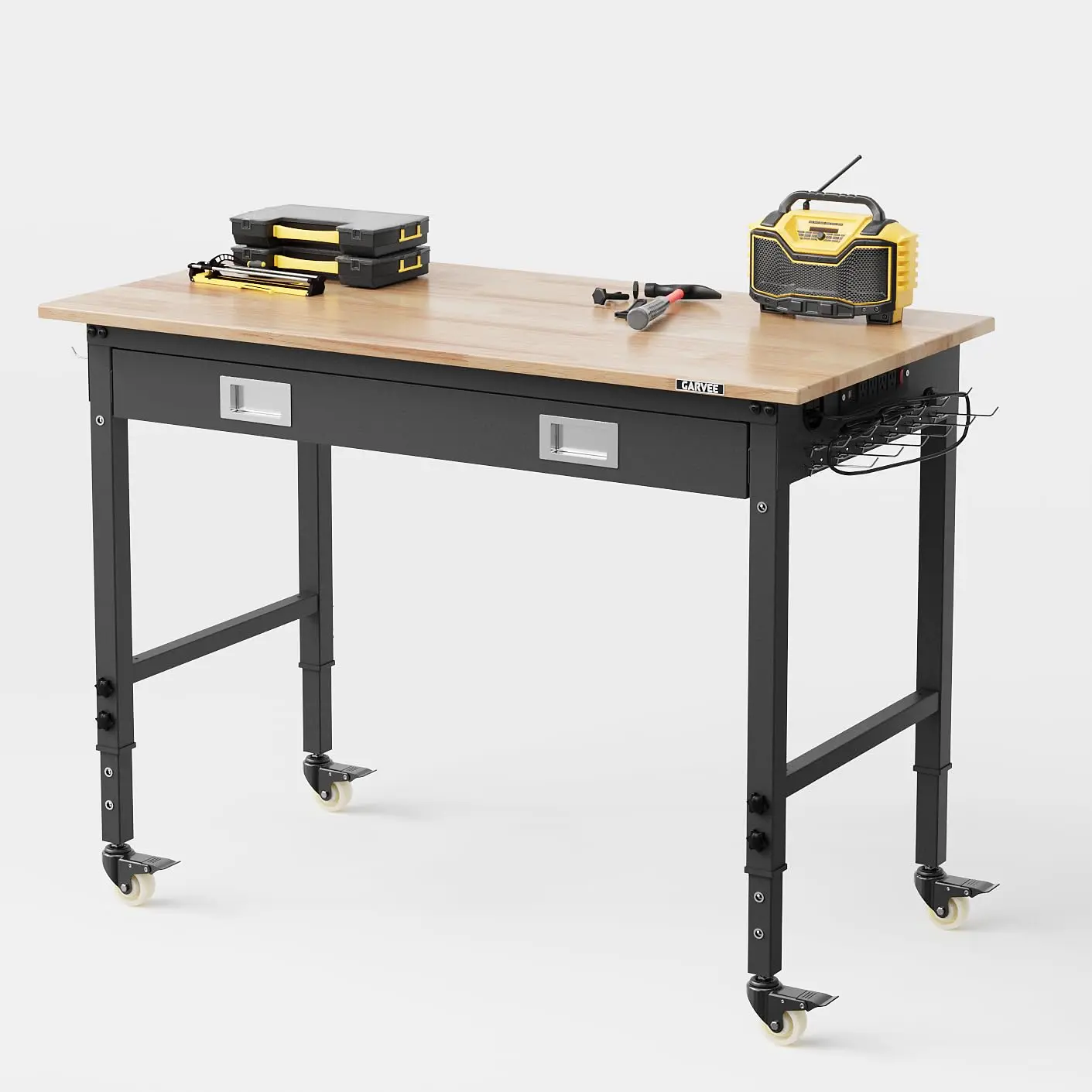 2000lb Capacity Solid Wood Workbench (48x24in Rubberwood Top), 6-Level Adjustable Height, Drawer, Back Panel, LED Light Strip, ETL Outlets, Swivel Casters, Pegboard & Hooks for Garage Automotive Use