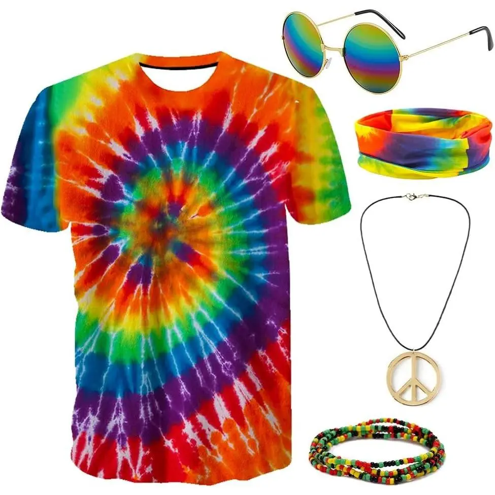 Hippie Costume Outfit for Men Women 60s 70s Accessories Set with Tie Dye T-Shirt, Peace Necklace, Tie Dye Band and String Beads for Halloween PartyGift