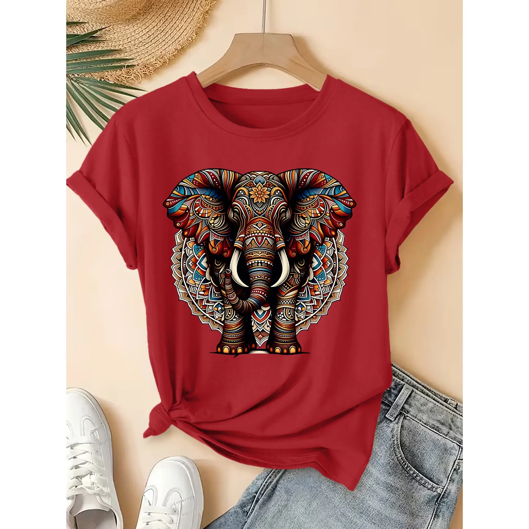 Mandala Elephant Boho Graphic Tee – Vibrant Colorful Indian Mandala Pattern Elephant Head Illustration, Spiritual Bohemian Print, 100% Cotton Non-Washed Shirt, SummerVibes Ideal Gift For Yoga & Meditation Lovers, Best Yoga Studio & Festival Outfit