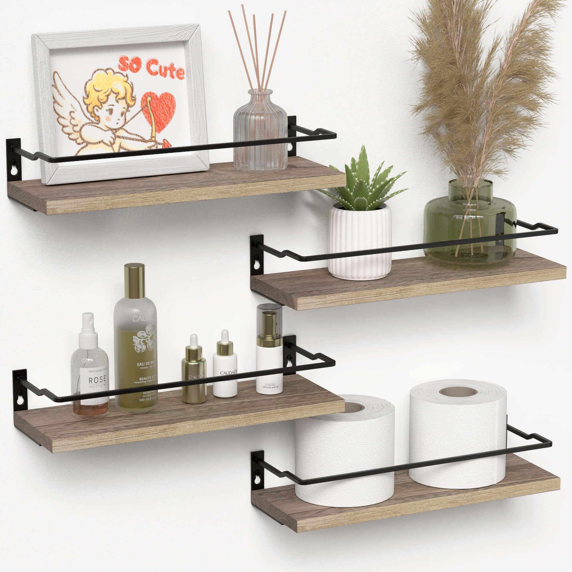 Bathroom Floating Shelves with Guardrail, Set of 4 Wall Mounted Small Storage Bathroom Shelves, Rustic Bathroom Shelves Over Toilet, Wall Shelves for Kitchen Living Room Bedroom - Black- Carbonized Black-White