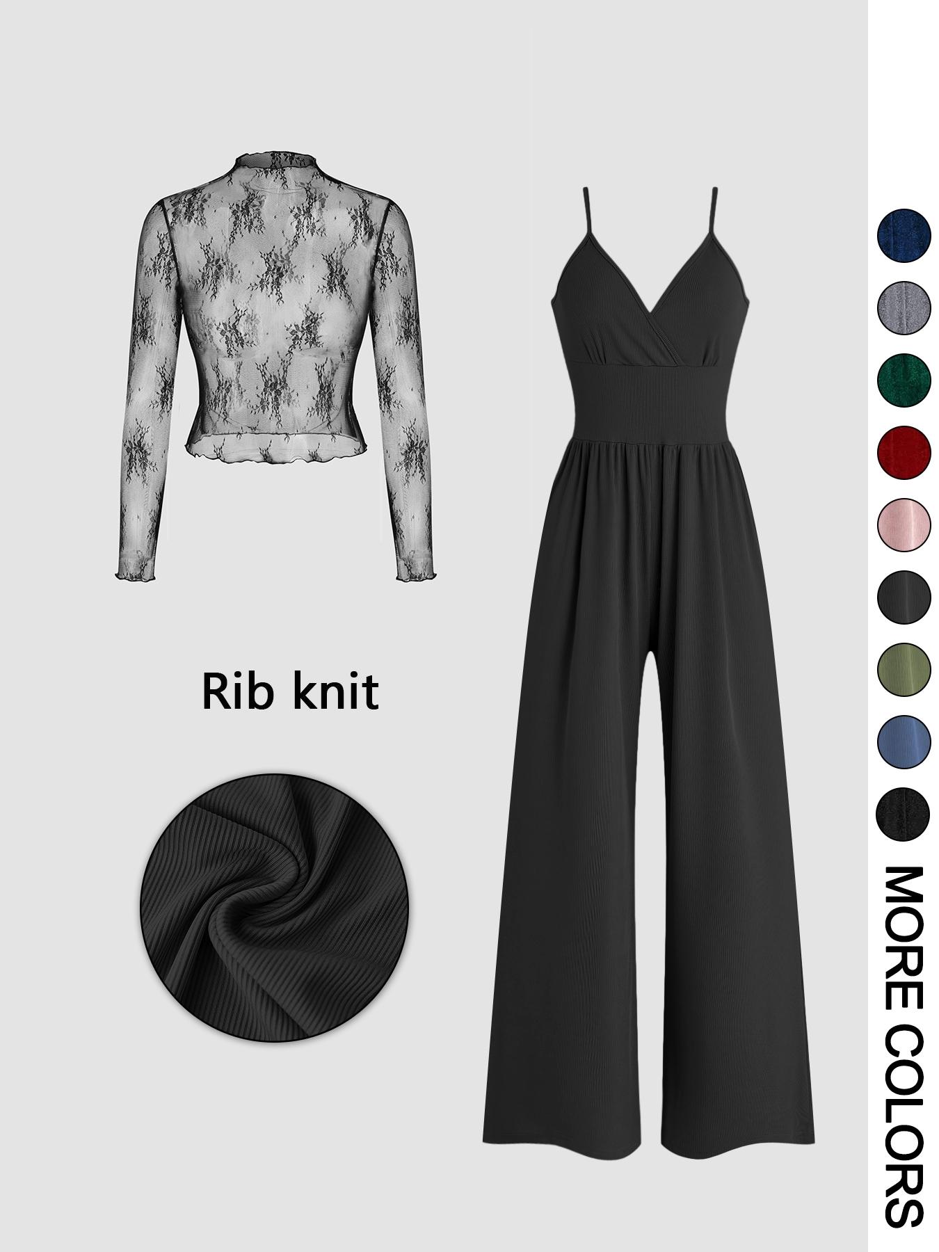 Valentine's Day Women's Solid Color Knitted Lace Tee & High Waist Pocket Jumpsuit Two-piece Set, Elegant Chic Fashion Casual Fitted Zipper Back Cami Jumpsuit & Long Sleeve Top for Daily Outdoor Wear, Women's Clothing for Spring & Fall Outfit