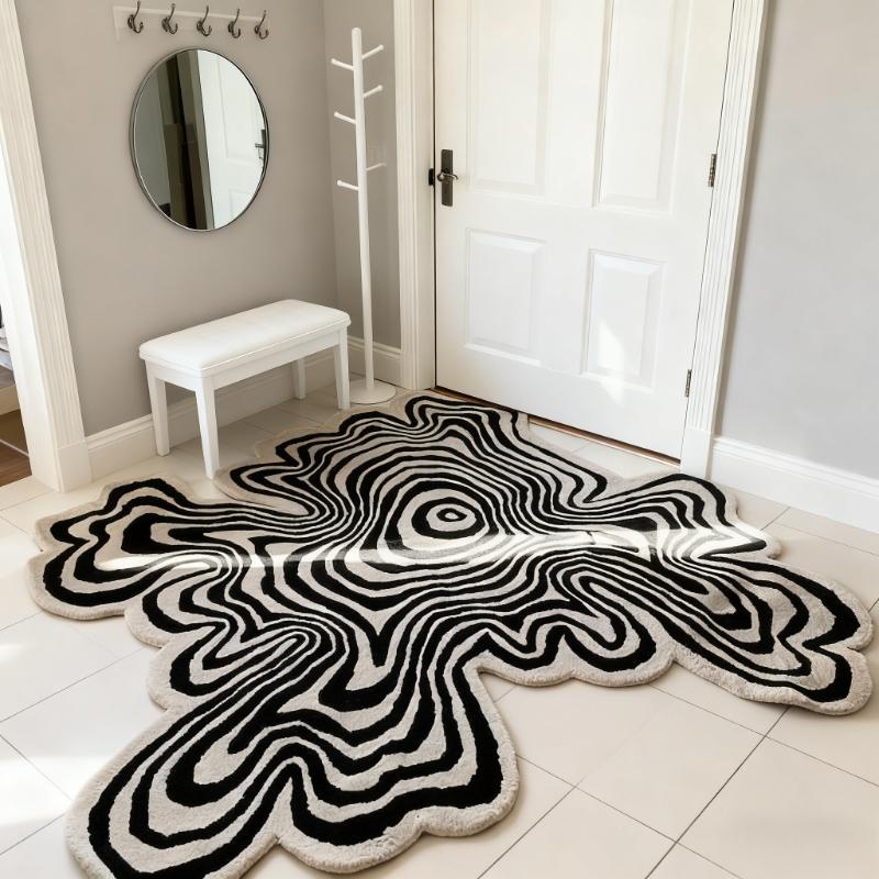 1 Piece of Abstract Black and White Striped Carpet Large-area Special-shaped Living Room Plush Rug Modern Minimalist Bedroom Decor Bedside Carpet Home Cloakroom Dresser Carpet Washable Entry Door Anti-slip Floor Mat Abstract Rugs