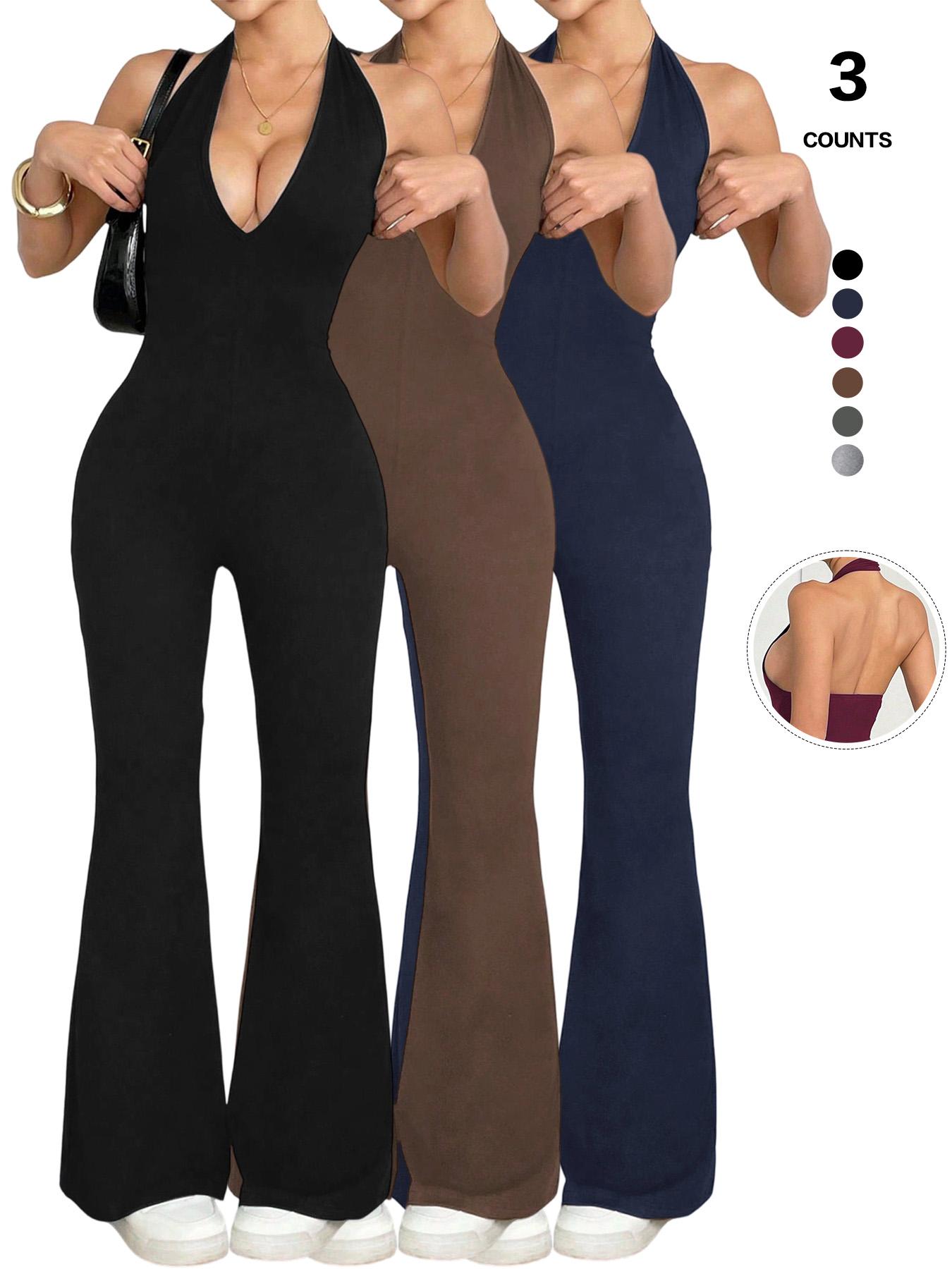 Women's Halter Neck Jumpsuit, Sleeveless Deep V Backless Chic Design, Flare Leg Romper for Casual Wear
