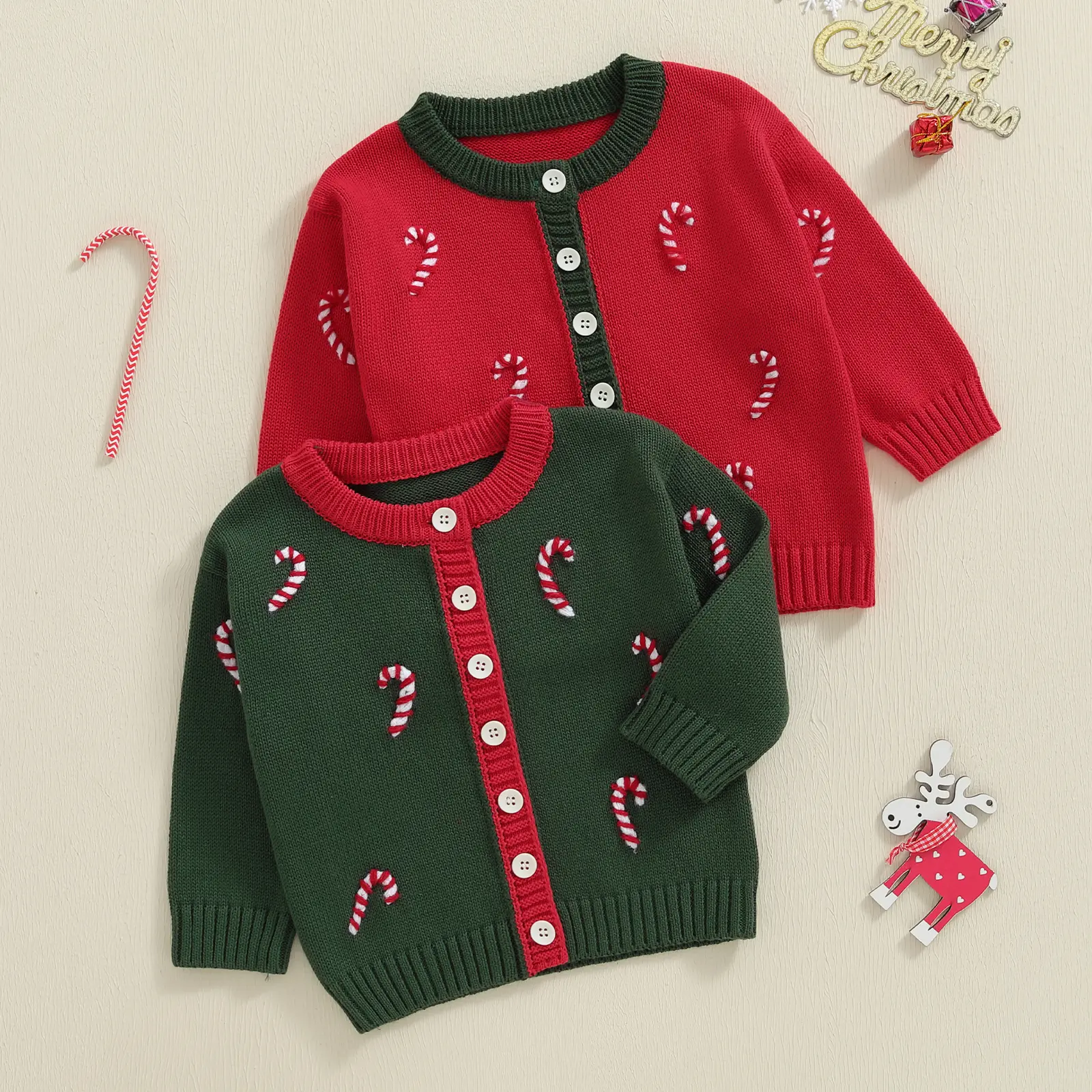 Baby Girl Cardigan Christmas Knit Sweater Candy Cane Chunky Coat Knitwear Toddler Fall Winter Clothes 0-4Y