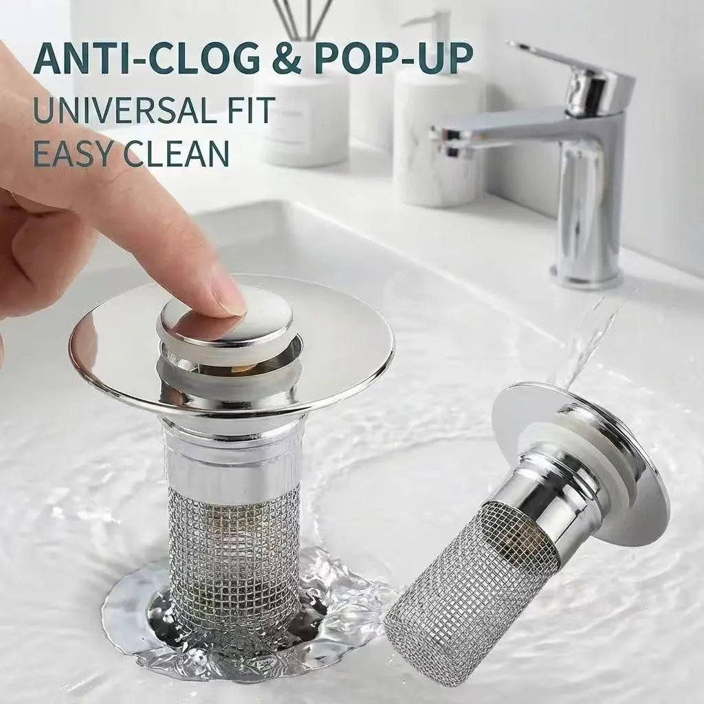 2pcs Stainless Steel Pop-Up Bathroom Strainers with Brass Drain Stoppers, Universal Fit for US Sinks/Bathtubs, Clog-Preventing Bathroom Gadgets, Prevents Clogs